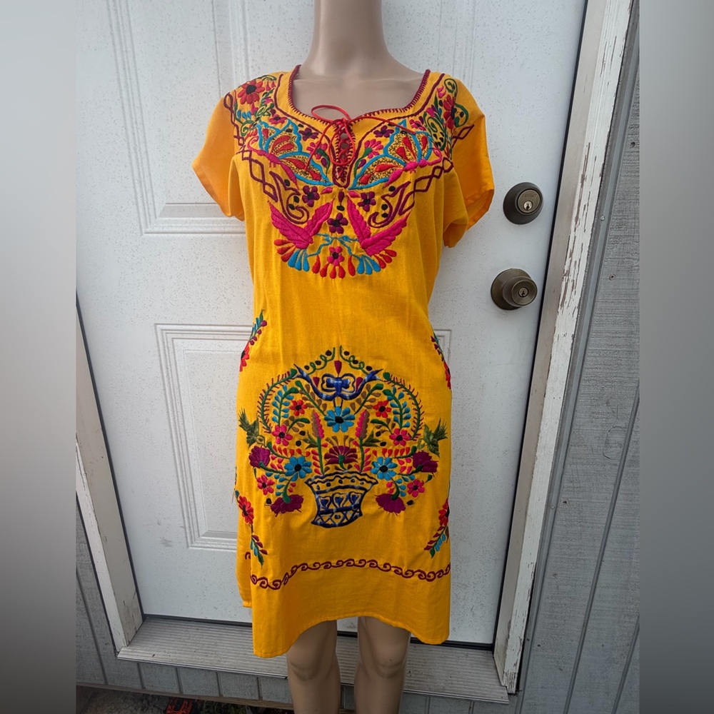 MEXICANA Yellow Embroidered Mini Dress with Multicolor Floral Motifs